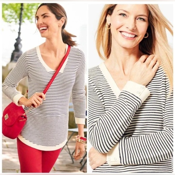 Talbots Petite Sweater Navy Cream Striped Link Stitch V Neck Pullover XLP Sailor - Picture 2 of 12